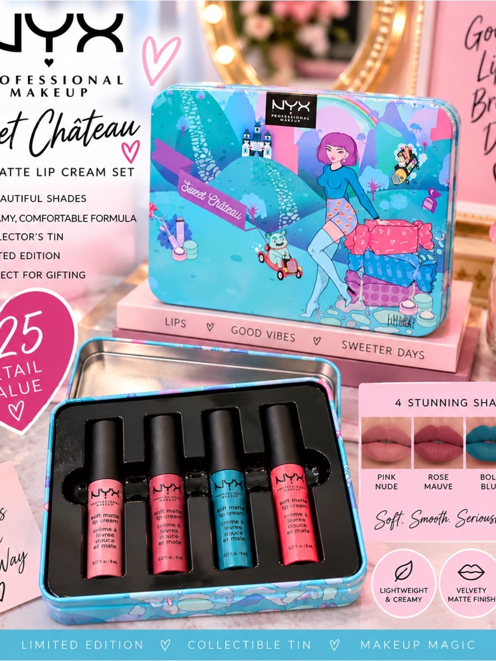 Sweet Chรขteau Matte Lip Cream Set - Pink, Rose, Teal, Coral